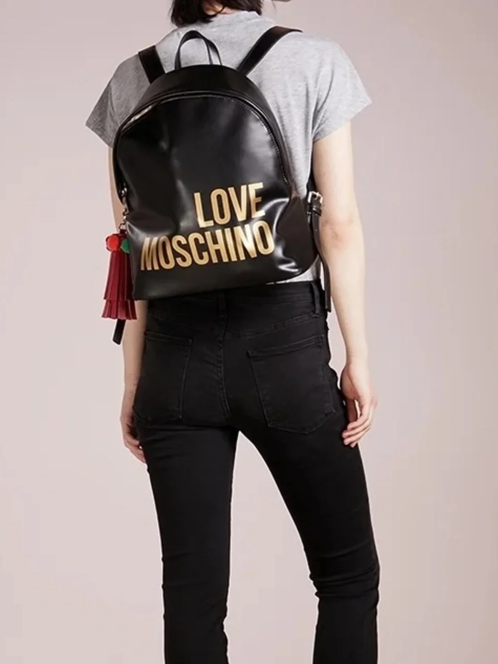 Love Moschino Black Backpack with Gold Logo and Red Tassel